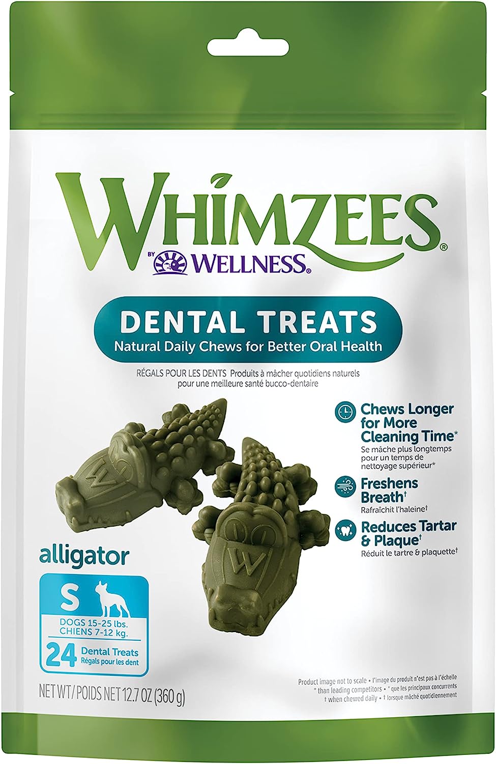 WHIMZEES by Wellness Alligator – Mastica per cani, trattamento di lunga durata, senza cereali, rinfresca, taglia piccola, 24 pezzi